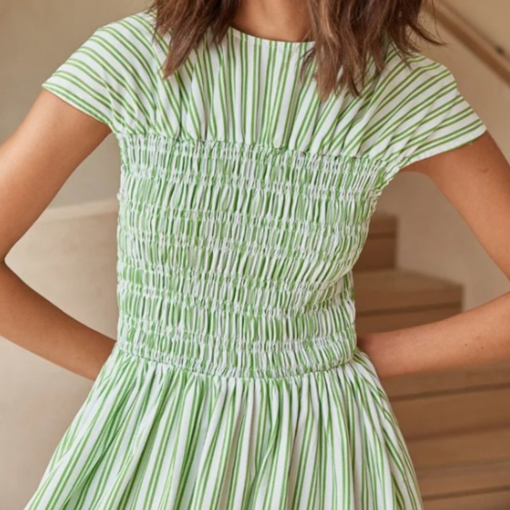 Runaway Scout green & white shirred midi dress size XS